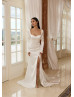 Long Sleeves Ivory Satin Tie Back Slit Modern Wedding Dress Long Sleeves Ivory Satin Tie Back Slit Modern Wedding Dress